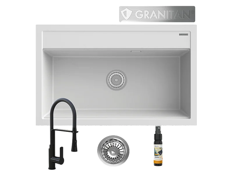 ÉVIER EN GRANIT GRAND BOL CHOIX DE COULEURS ROBINET NOIR SIPHON ASTI