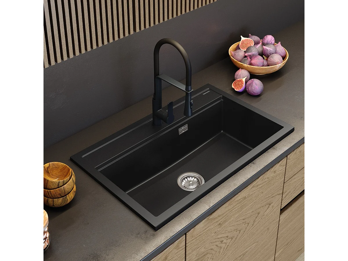 ÉVIER EN GRANIT GRAND BOL CHOIX DE COULEURS ROBINET NOIR SIPHON ASTI