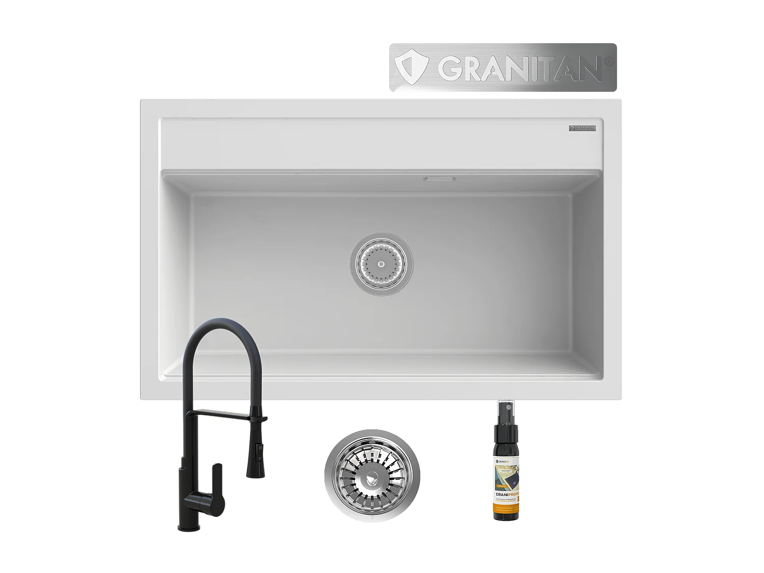 ÉVIER EN GRANIT GRAND BOL CHOIX DE COULEURS ROBINET NOIR SIPHON ASTI