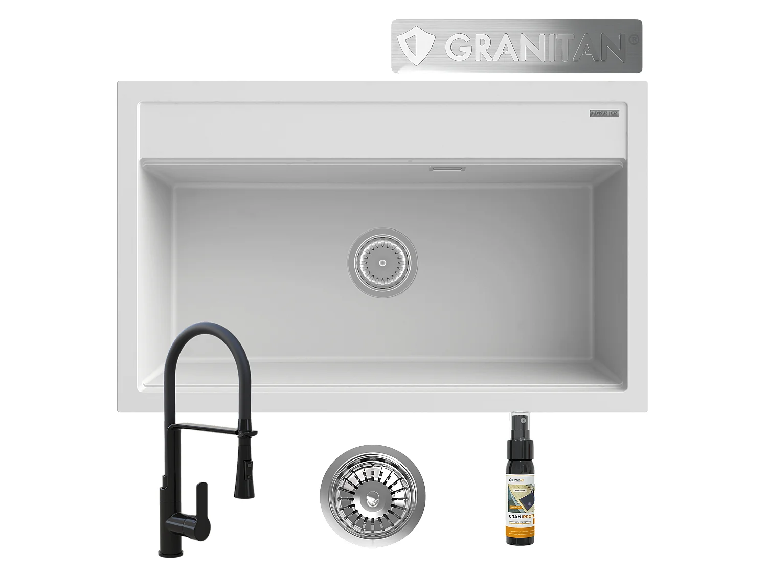 ÉVIER EN GRANIT GRAND BOL CHOIX DE COULEURS ROBINET NOIR SIPHON ASTI