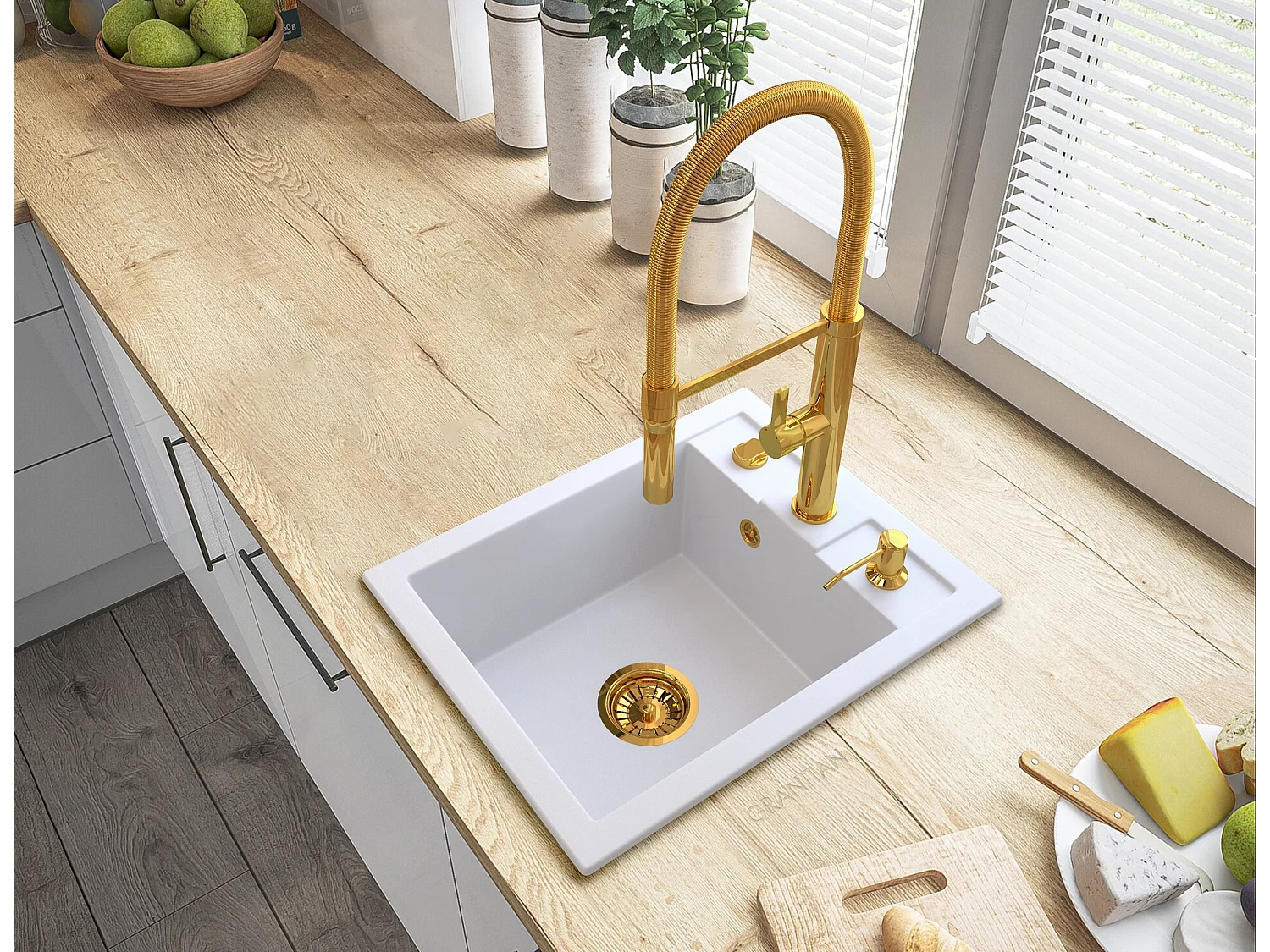 évier en granit blanc robinet distributeur BEST siphon AUTO