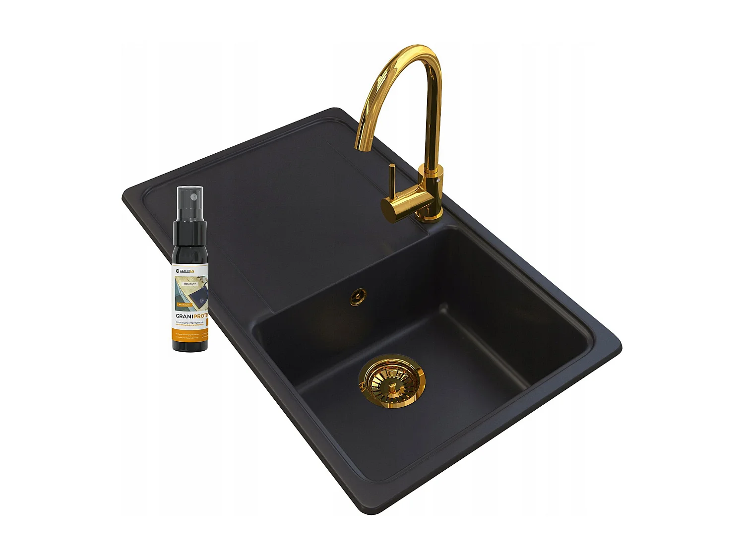 MÉLANGEUR OR + ÉVIER GRANIT + SIPHON MURAL D