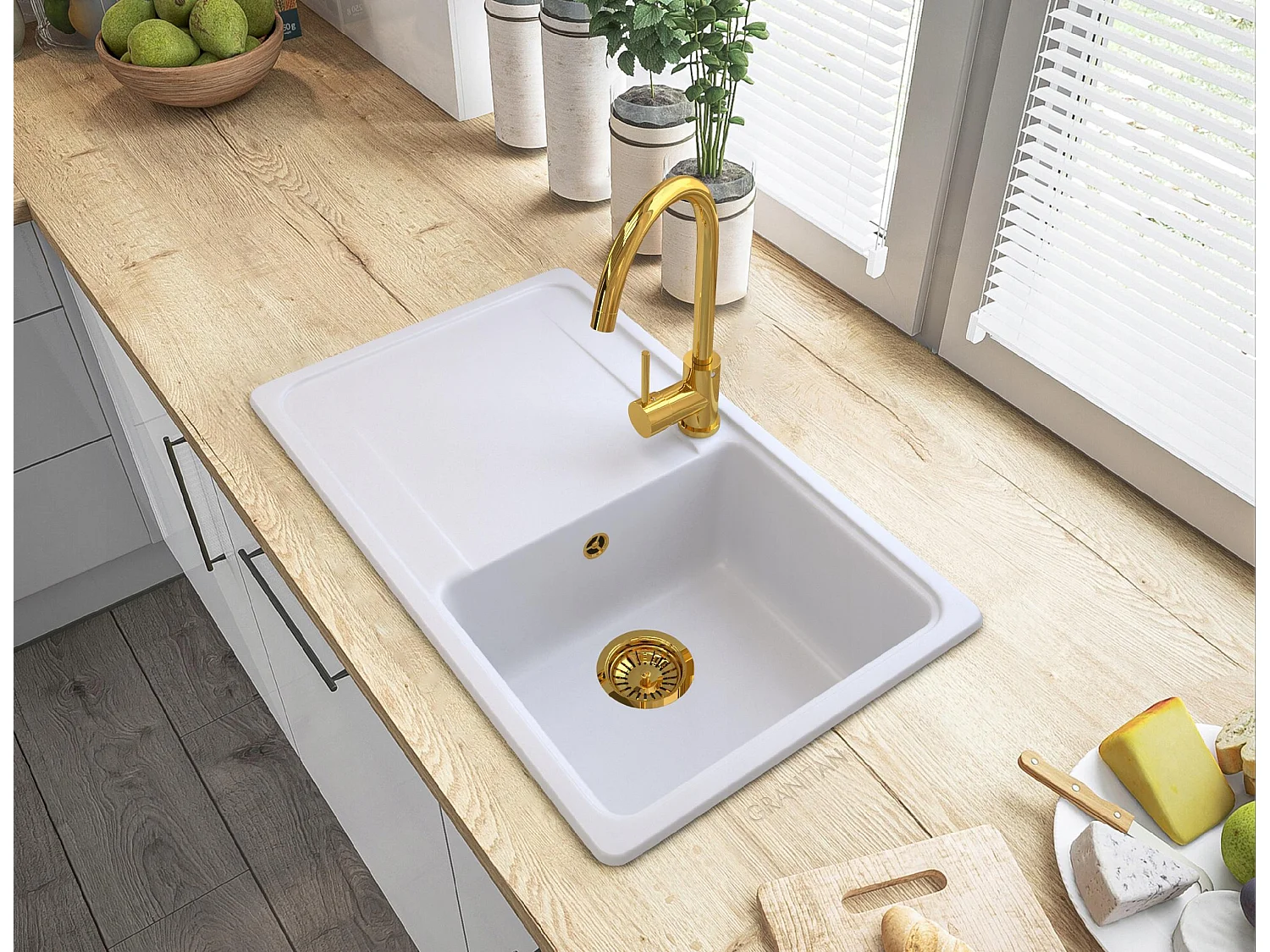 MÉLANGEUR OR + ÉVIER GRANIT + SIPHON MURAL D