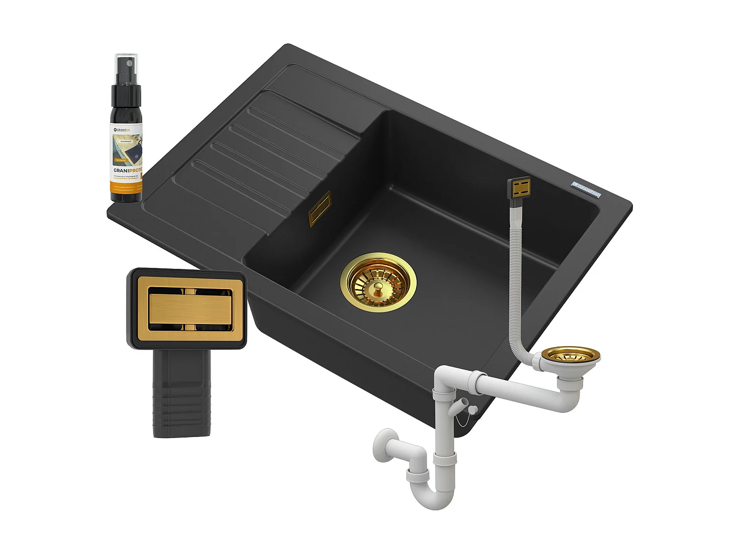 ÉVIER ARGOS GRANIT NOIR + SIPHON CARRÉ OR