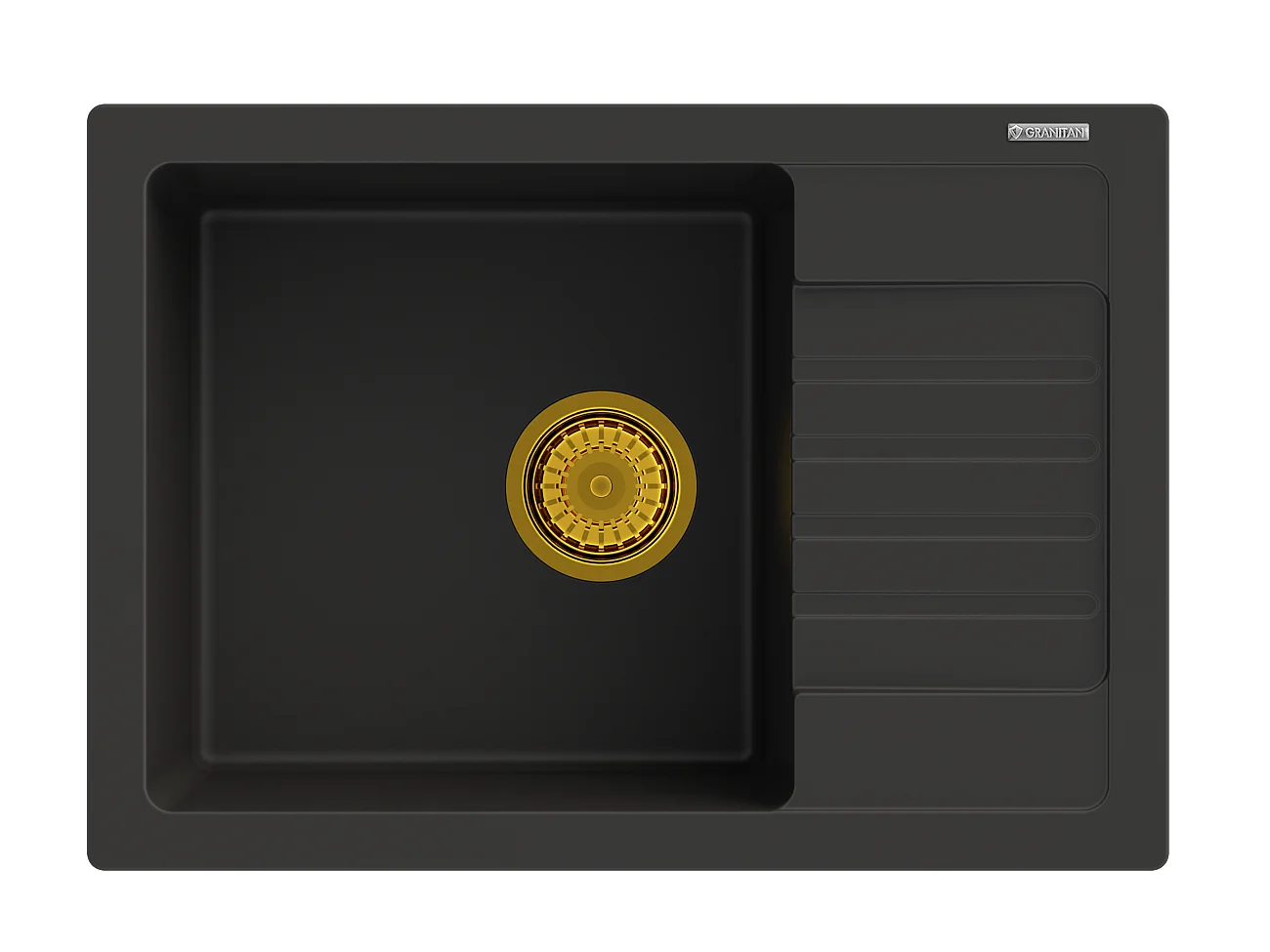 ÉVIER ARGOS GRANIT NOIR + SIPHON CARRÉ OR