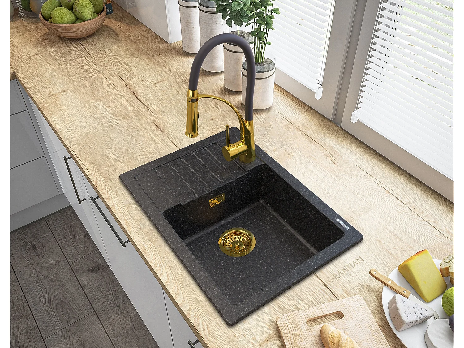 ÉVIER GRANIT ARGOS DORÉ + MITIGEUR NEXO + SIPHON