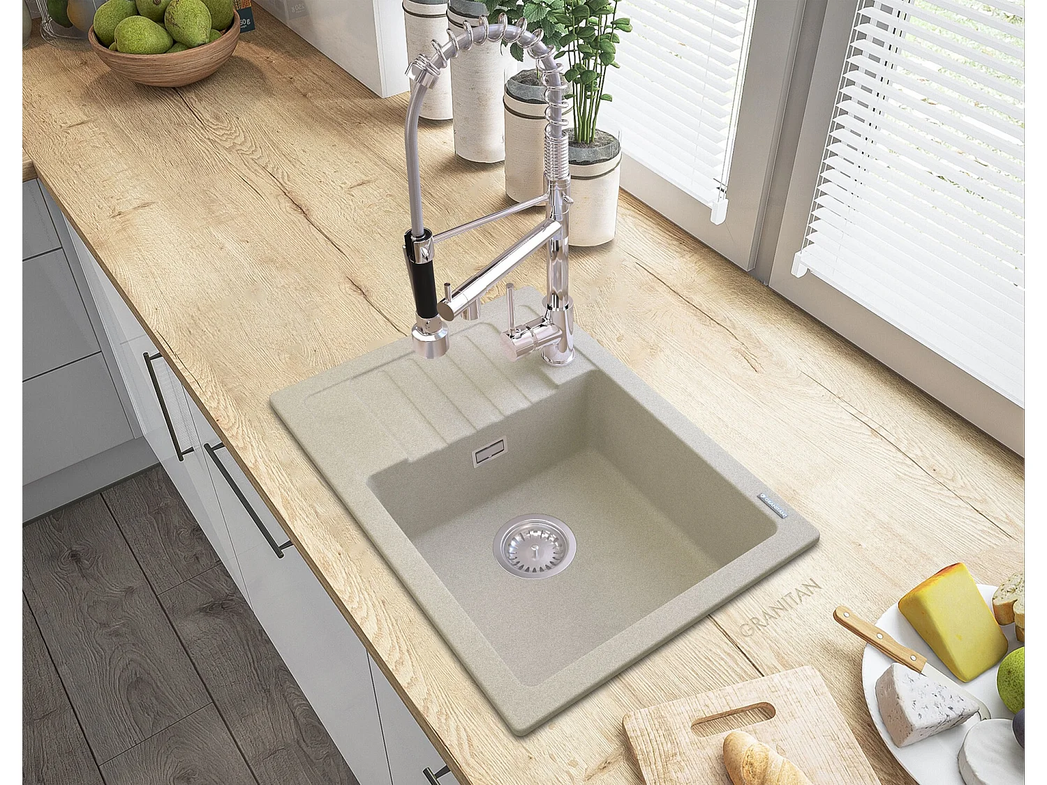 ÉVIER GRANIT BEIGE ARGOS + ROBINET SPIRALE +SIPHON