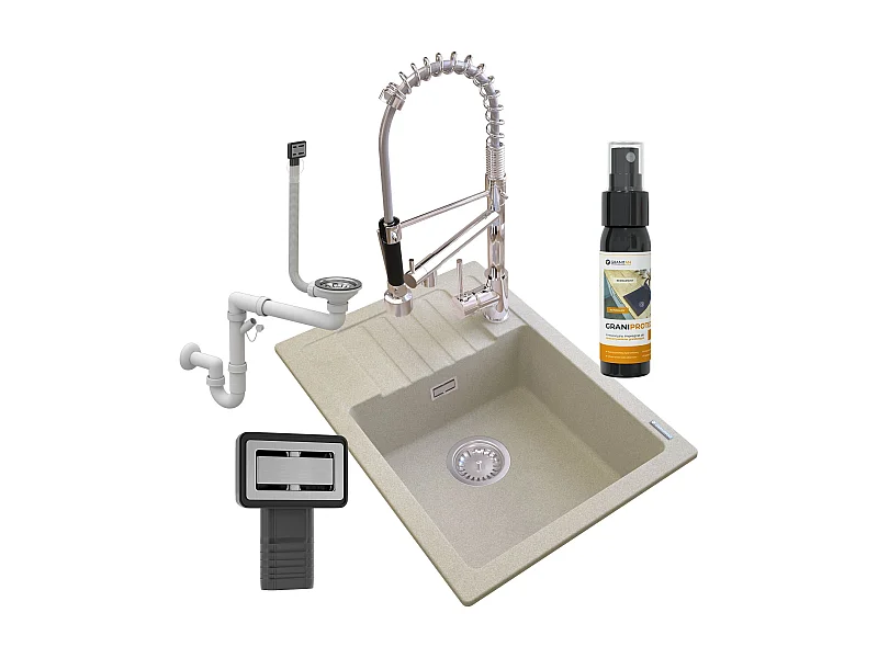 ÉVIER GRANIT BEIGE ARGOS + ROBINET SPIRALE +SIPHON