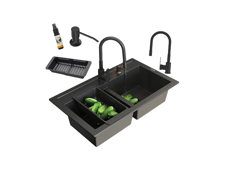 ÉVIER DOUBLE GRANIT DUET MITIGEUR GRADO SIPHON BLACK BASKET