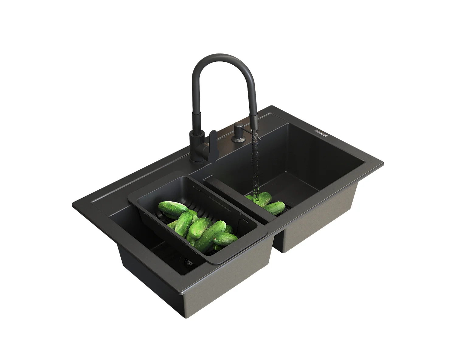 ÉVIER DOUBLE GRANIT DUET MITIGEUR GRADO SIPHON BLACK BASKET