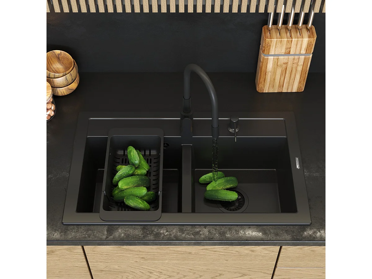 ÉVIER DOUBLE GRANIT DUET MITIGEUR GRADO SIPHON BLACK BASKET