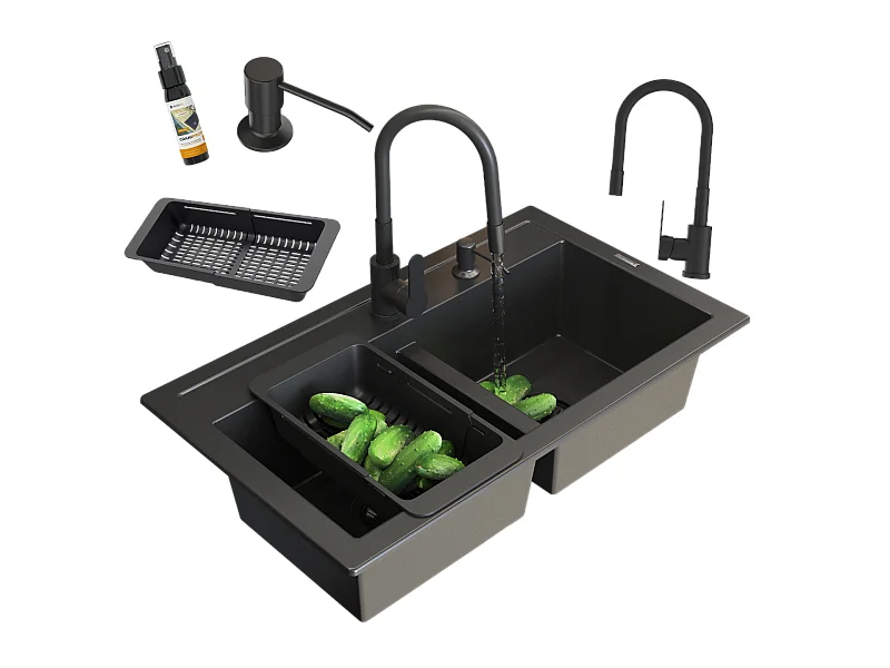 ÉVIER DOUBLE GRANIT DUET MITIGEUR GRADO SIPHON BLACK BASKET
