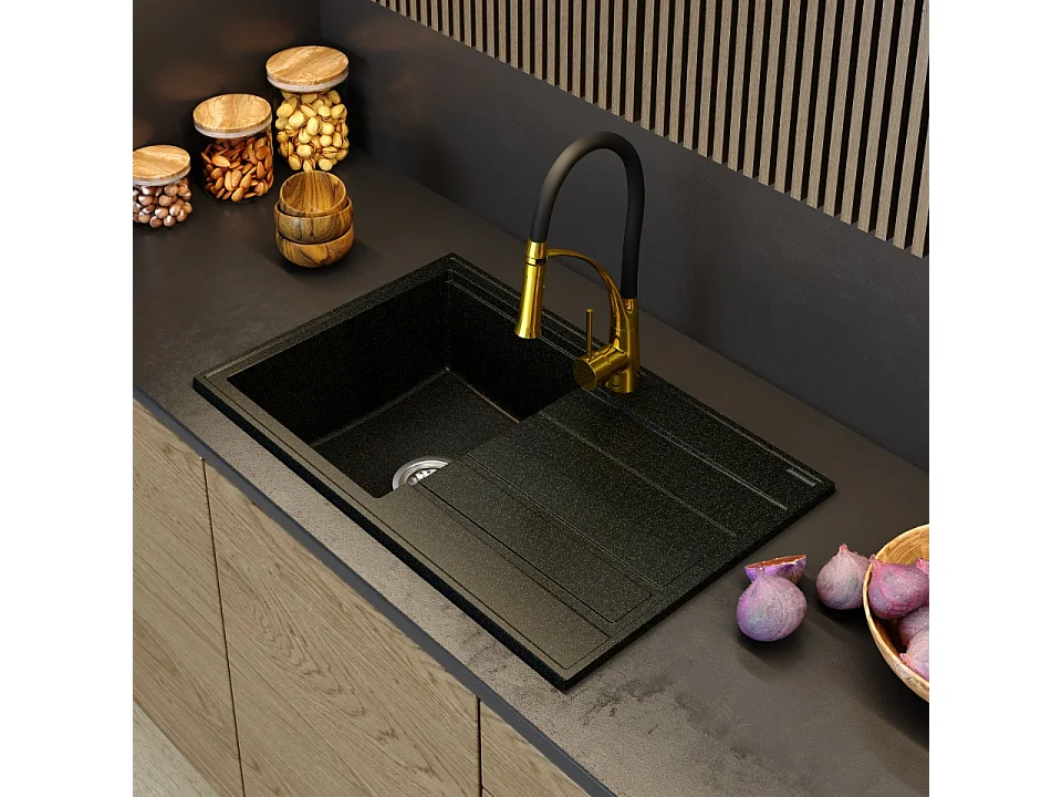 ÉVIER EN GRANIT ROBINET OR NOIR AMENDE TIMOR