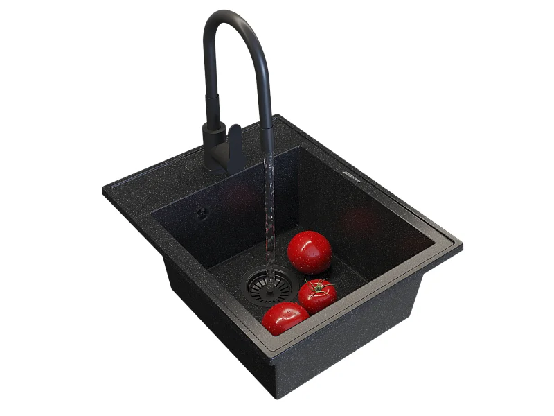 ÉVIER MONOCUVE EN GRANIT ROBINETTERIE À POINTS NOIRS SIPHON NERO