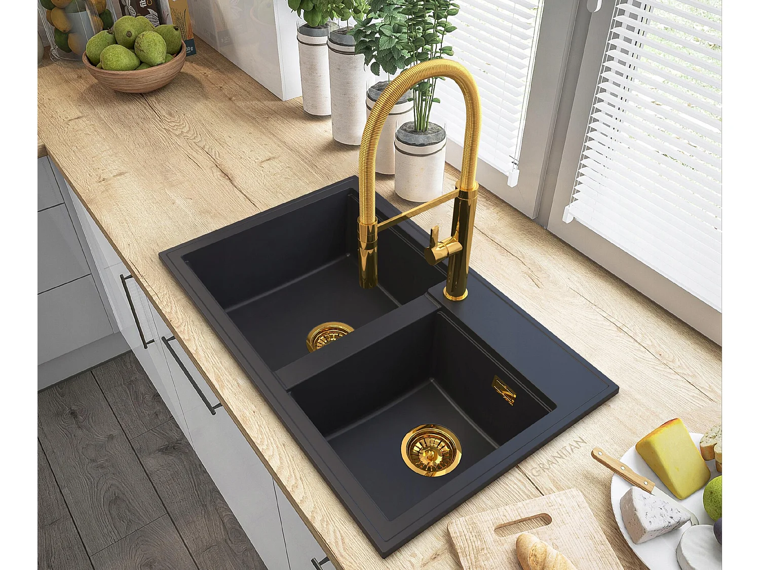 ÉVIER EN GRANIT NOIR SIPHON GOLD ROBINET HEKTOR