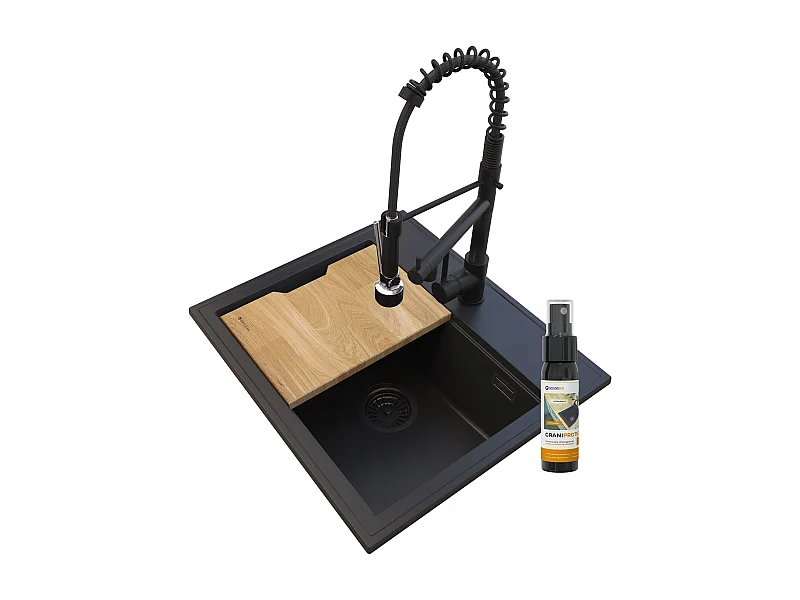 FOXAL ÉVIER EN GRANIT NOIR+MÉLANGEUR SPIRAL DUO NOIR