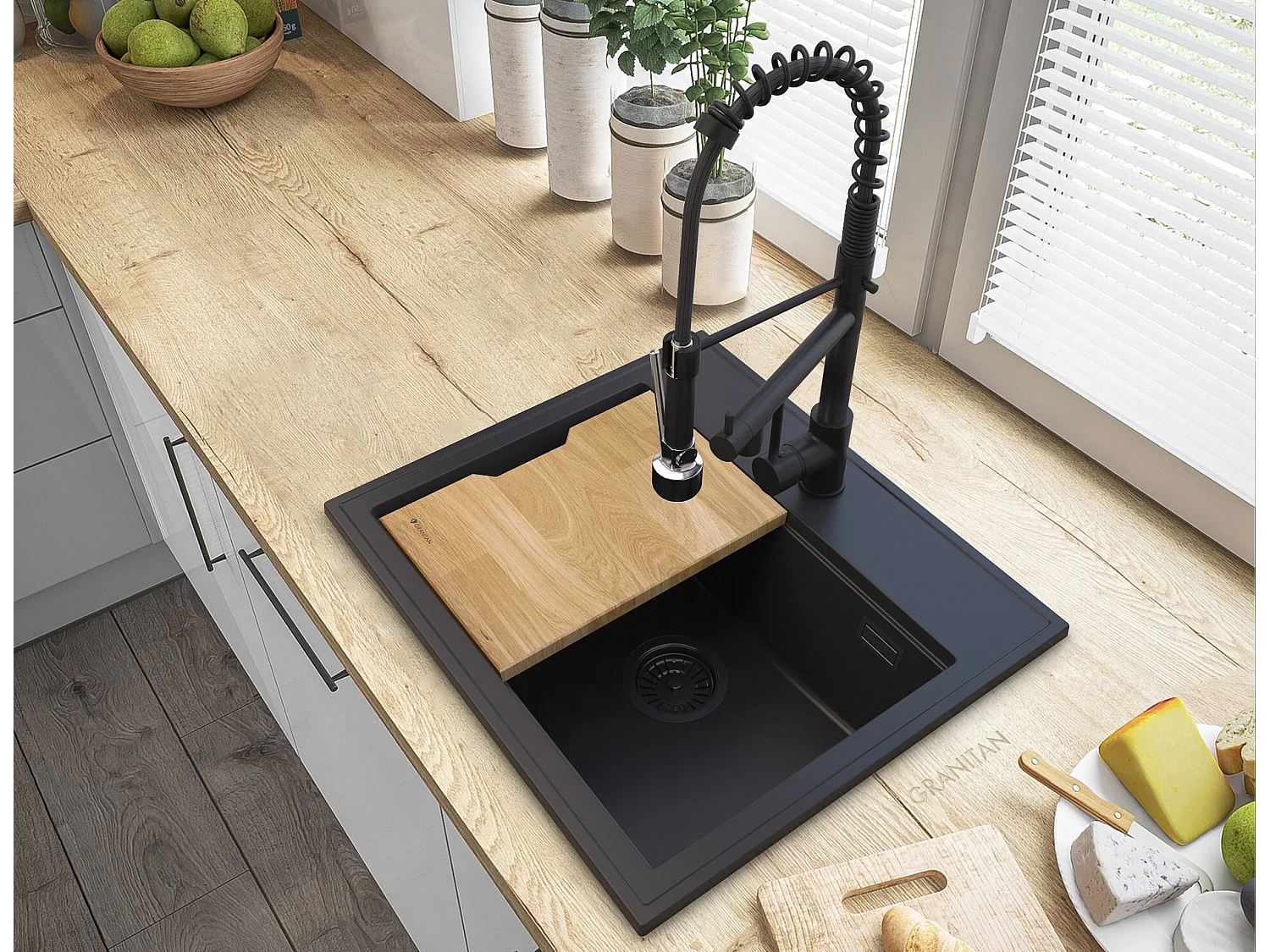 FOXAL ÉVIER EN GRANIT NOIR+MÉLANGEUR SPIRAL DUO NOIR