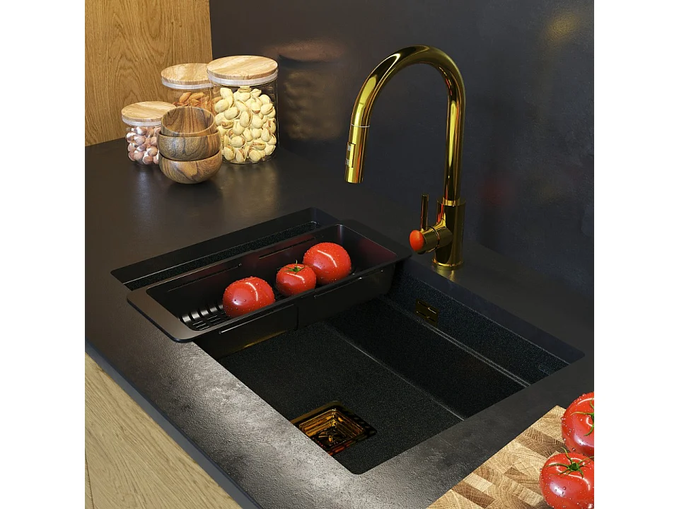 Evier sous plan simple en granit EPIR70 Robinetterie Panier siphon Loseto