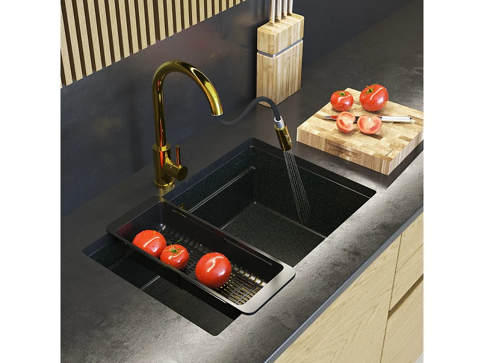 Evier sous plan simple en granit EPIR70 Robinetterie Panier siphon Loseto