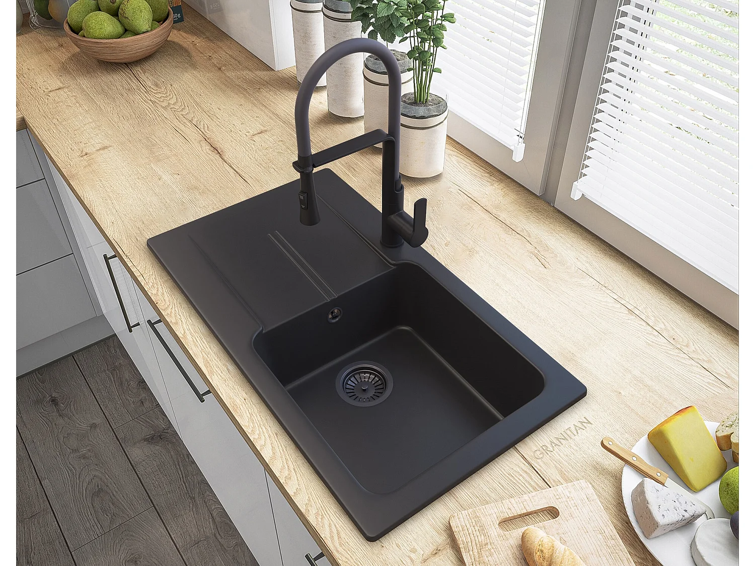 TASOS GRANIT ÉVIER NOIR + ROBINETTERIE VEGAS+SIPHON