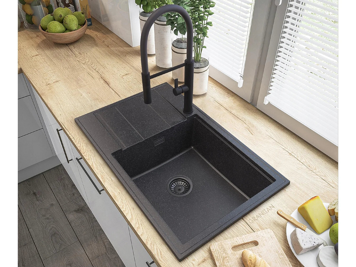 ÉVIER GRANIT LOUIS SIPHON NOIR MITIGEUR HAUT