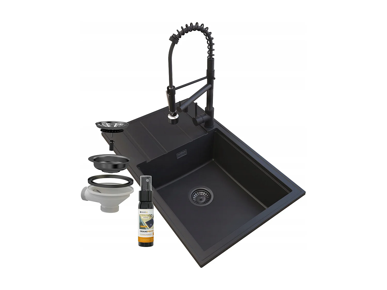 ÉVIER EN GRANIT ROBINET SIPHON NOIR SPIRALE LOUIS