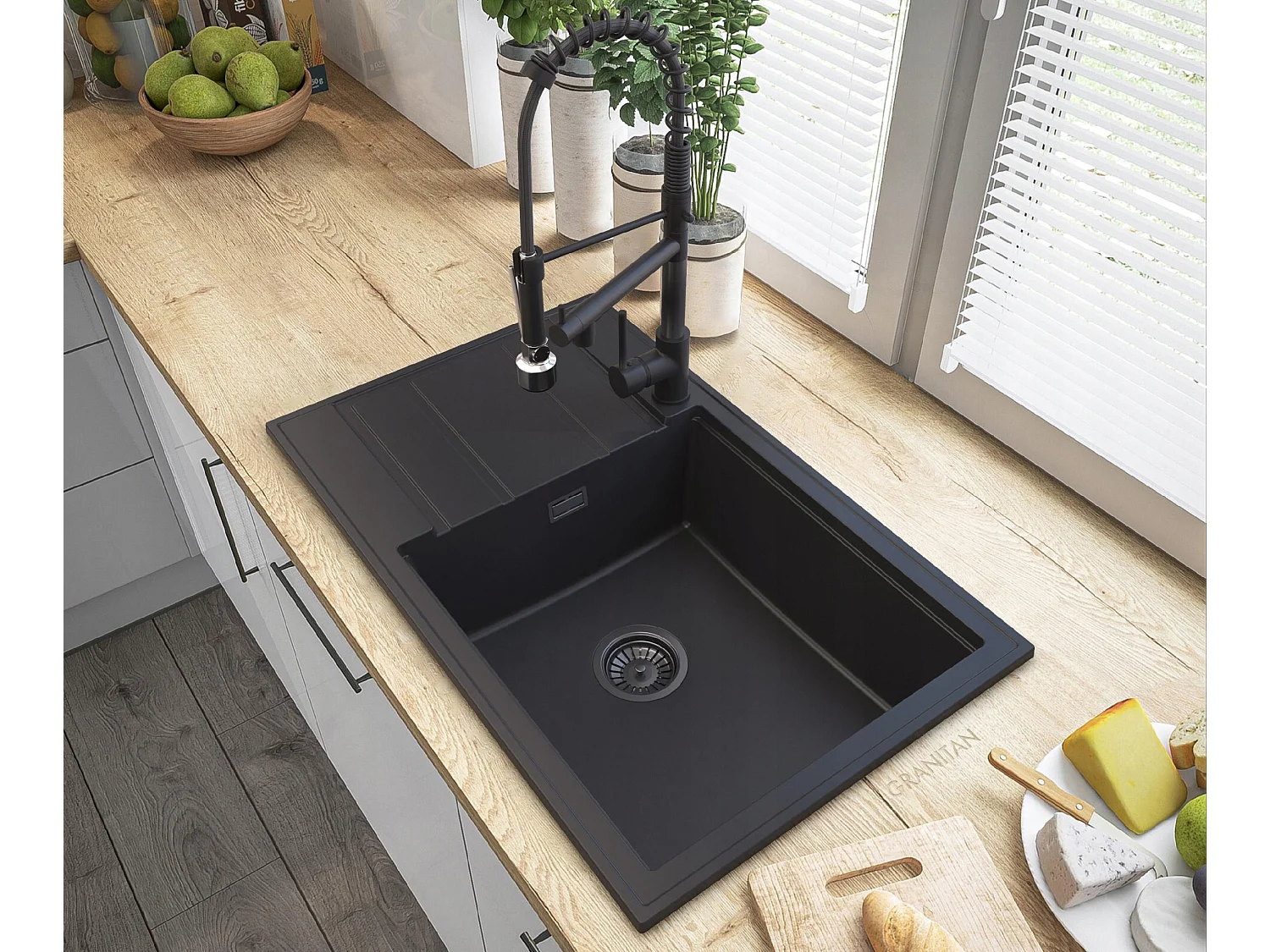 ÉVIER EN GRANIT ROBINET SIPHON NOIR SPIRALE LOUIS