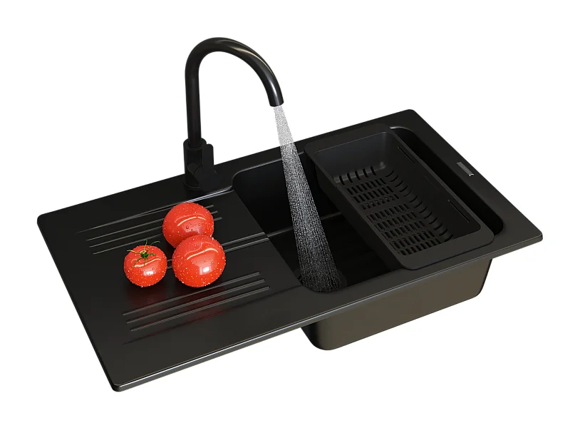 ÉVIER EN GRANIT ÉVIER À UN BAC ADA MITIGEUR NOIR PANIER SIPHON