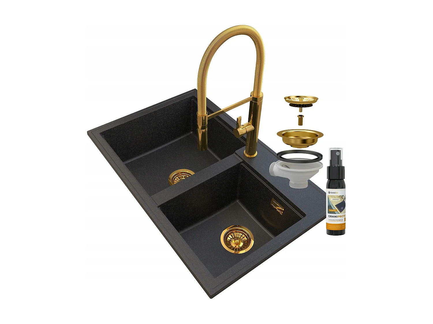 ÉVIER EN GRANIT DORÉ SIPHON DORÉ ROBINET MITIGEUR HECTOR