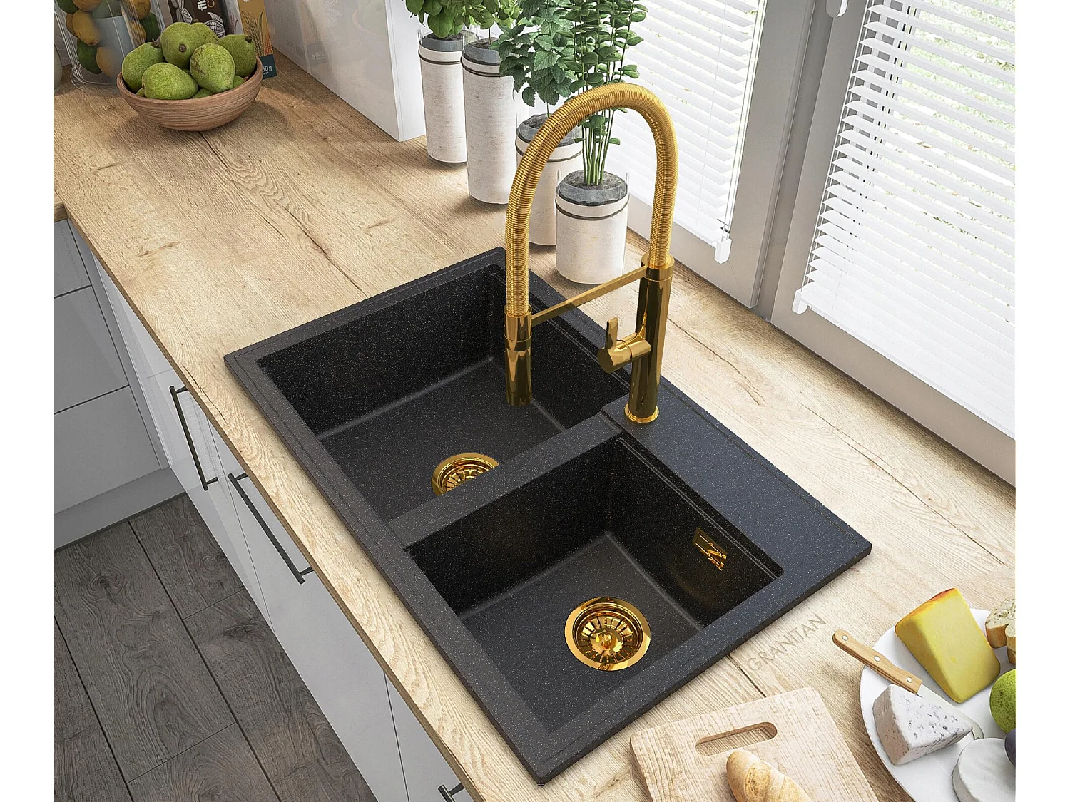 ÉVIER EN GRANIT DORÉ SIPHON DORÉ ROBINET MITIGEUR HECTOR