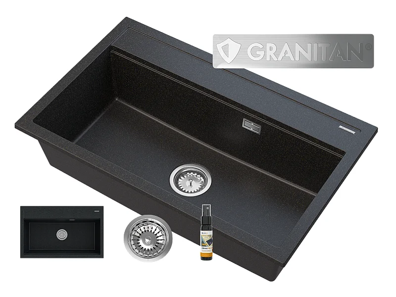 ÉVIER EN GRANIT GRAND OU NOIR MOUCHETÉ SIPHON OU CHROME ASTI