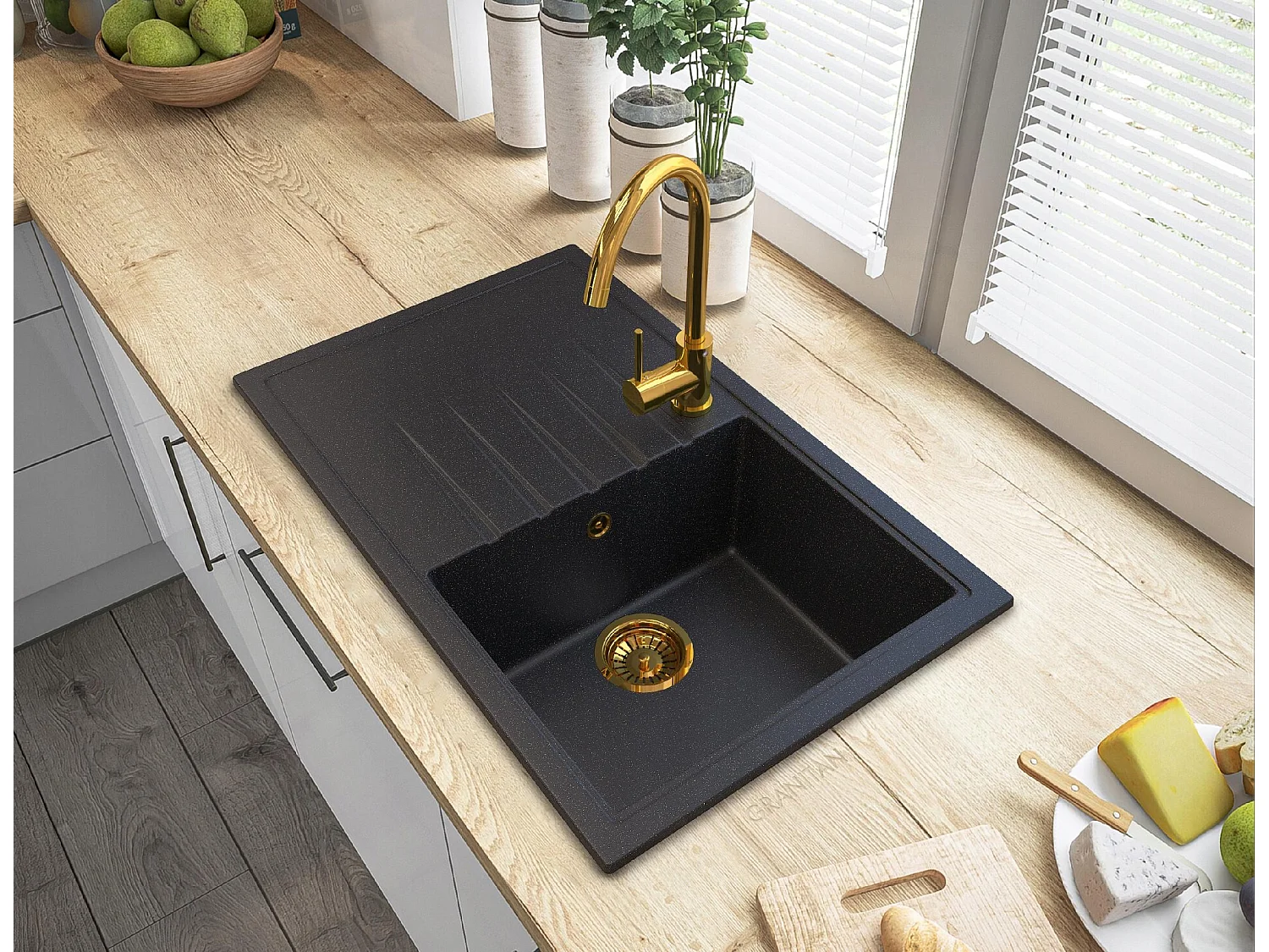 ÉVIER DE CUISINE EN GRANIT DORÉ ROBINETTERIE ERIS