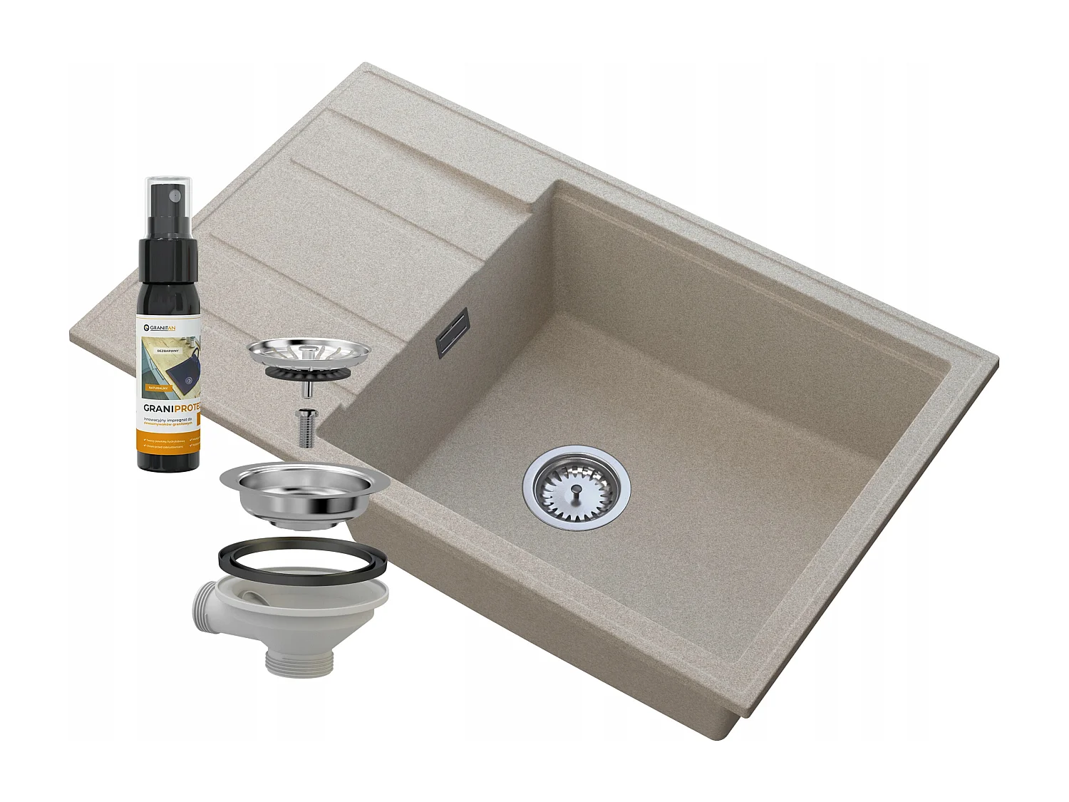 ÉVIER EN GRANIT BEIGE ÉGOUTTOIR SIPHON CHROME LOUIS