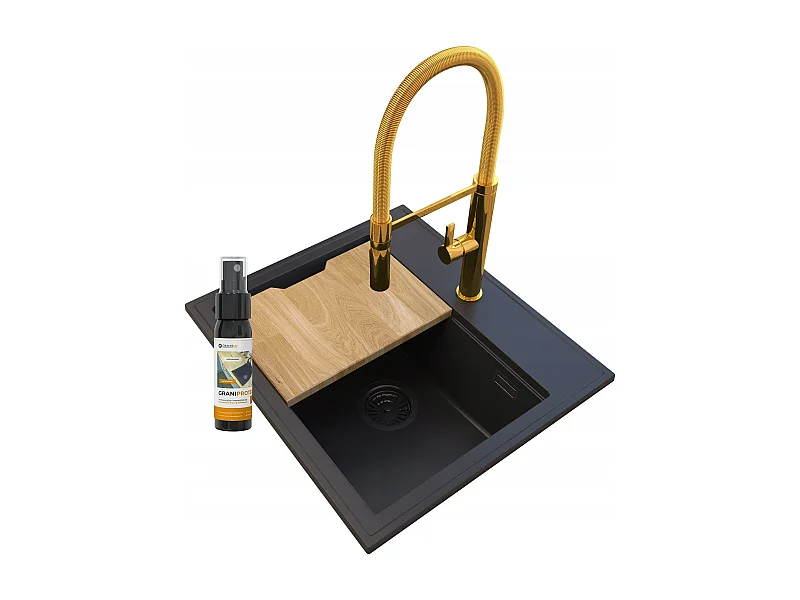 ÉVIER GRANIT FOXAL NOIR + MITIGEUR HAUT OR