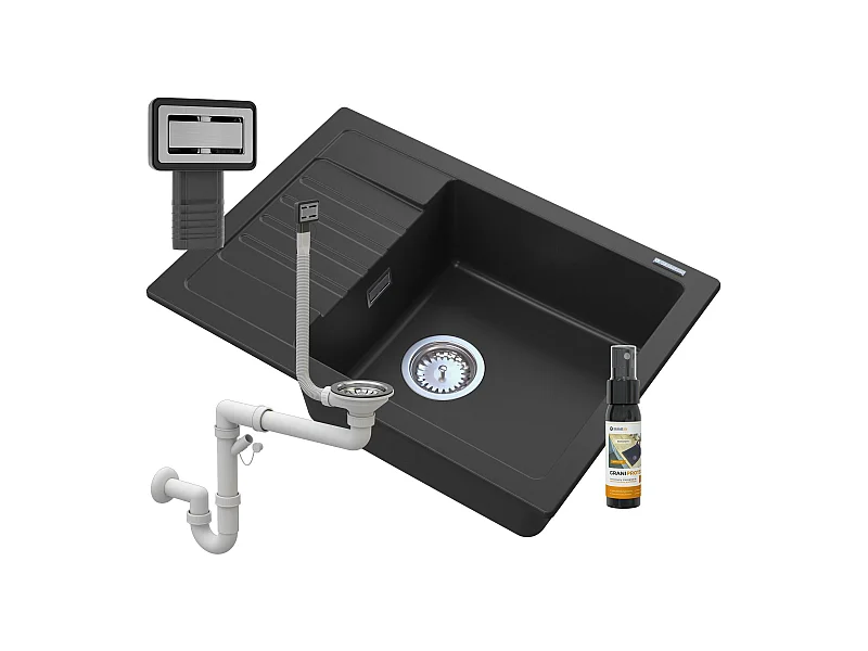 ÉVIER GRANIT NOIR ARGOS + SIPHON CARRÉ CHROMÉ