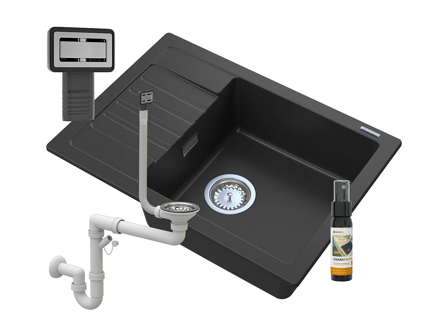 ÉVIER GRANIT NOIR ARGOS + SIPHON CARRÉ CHROMÉ