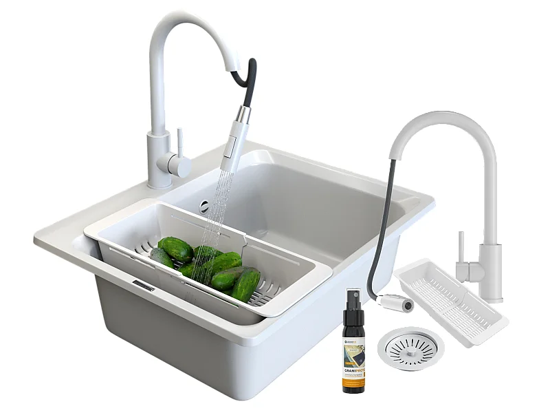 Evier en granit ZANTE ensemble d'évier blanc mitigeur LOSETO panier siphon