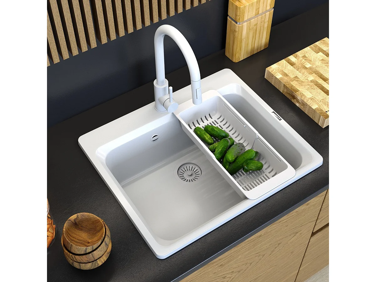 Evier en granit ZANTE ensemble d'évier blanc mitigeur LOSETO panier siphon