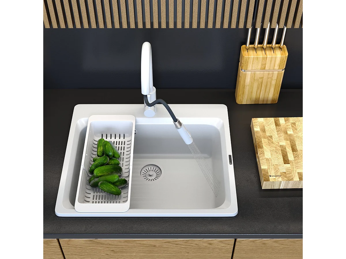 Evier en granit ZANTE ensemble d'évier blanc mitigeur LOSETO panier siphon