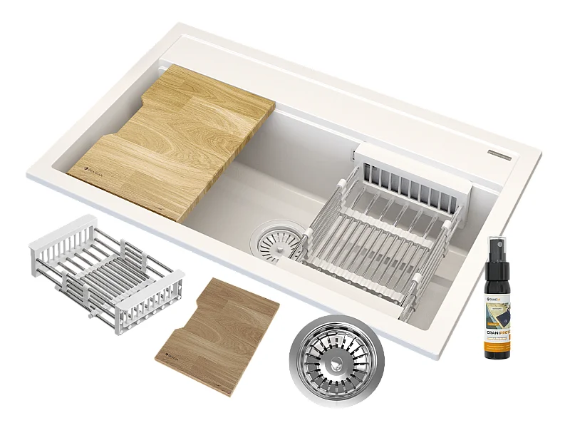 ÉVIER EN GRANIT BLANC GRAND PLATEAU ÉGOUTTOIR EN BOIS SET DE CUISINE ASTI