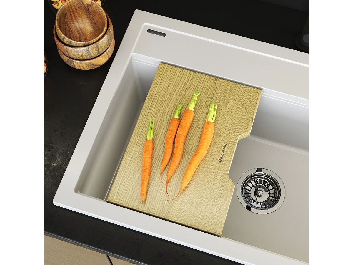 ÉVIER EN GRANIT BLANC GRAND PLATEAU ÉGOUTTOIR EN BOIS SET DE CUISINE ASTI