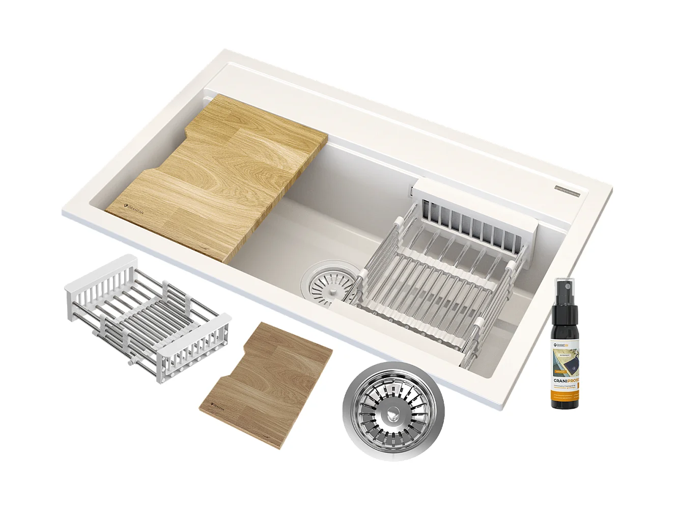 ÉVIER EN GRANIT BLANC GRAND PLATEAU ÉGOUTTOIR EN BOIS SET DE CUISINE ASTI