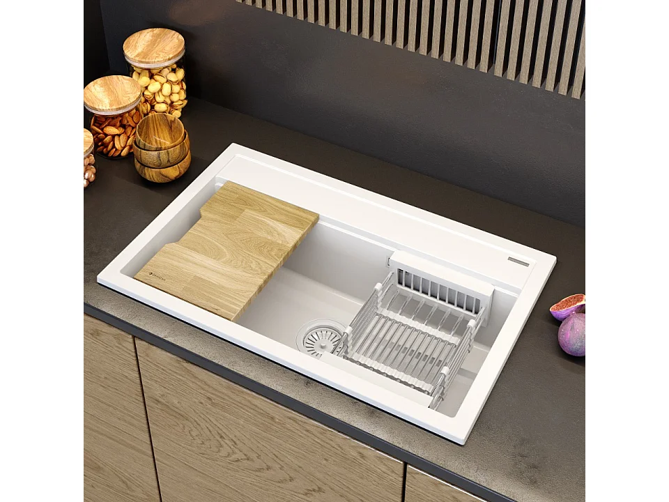 ÉVIER EN GRANIT BLANC GRAND PLATEAU ÉGOUTTOIR EN BOIS SET DE CUISINE ASTI