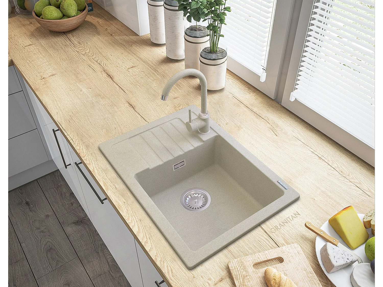 ÉVIER EN GRANIT BEIGE ARGOS + MITIGEUR BETA + SIPHON