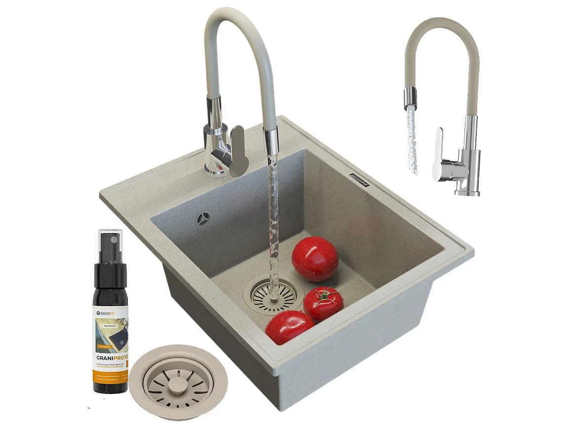 ÉVIER MONOCUVE GRANIT BEIGE ÉVIER DE CUISINE MITIGEUR SIPHON NERO