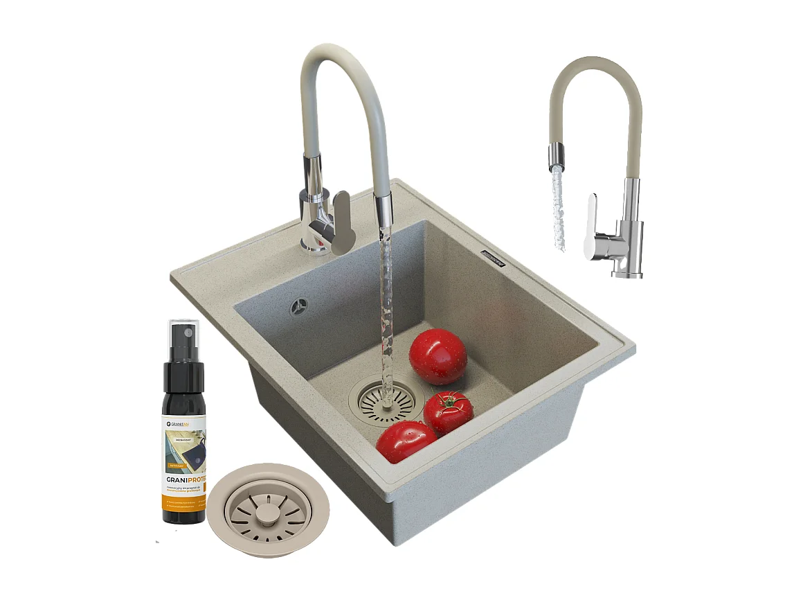 ÉVIER MONOCUVE GRANIT BEIGE ÉVIER DE CUISINE MITIGEUR SIPHON NERO