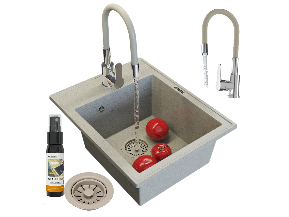 ÉVIER MONOCUVE GRANIT BEIGE ÉVIER DE CUISINE MITIGEUR SIPHON NERO