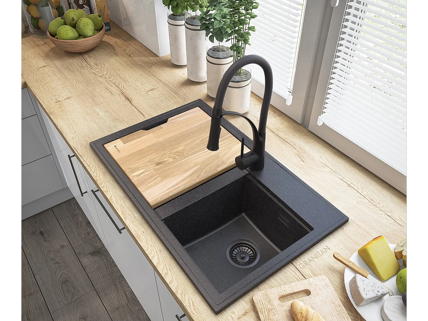 HECTOR GRANITE ÉVIER SIPHON ROBINET NOIR