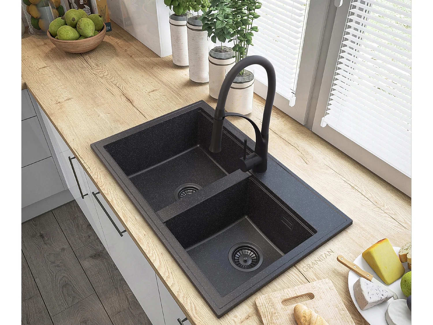 HECTOR GRANITE ÉVIER SIPHON ROBINET NOIR