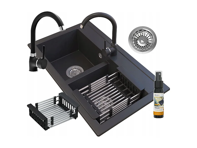 Évier en granit noir Évier DOUBLE avec égouttoir mitigeur de cuisine DUET